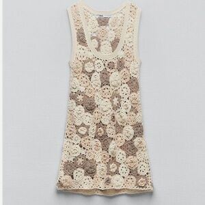 Zara Women's Floral Crochet Knit Dress Cream Liter Edition Small